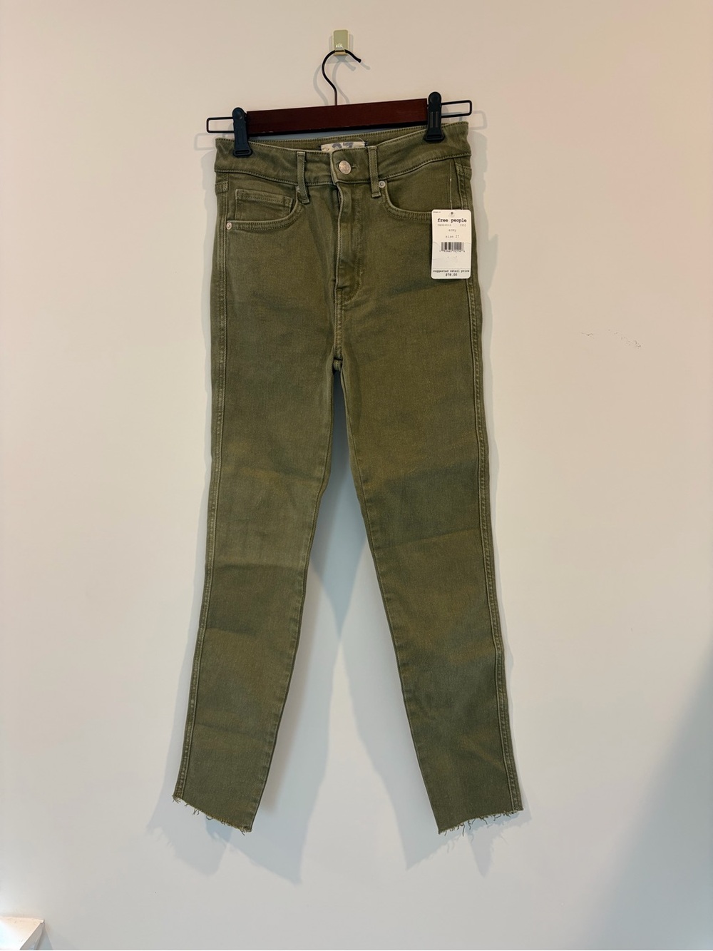 Free People Olive Green Skinny Jeans with Raw Hem